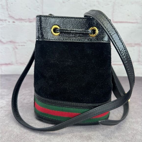 Gucci Crossbody Ophidia Web Black Suede Mini Drawstring Bucket - Picture 3 of 12